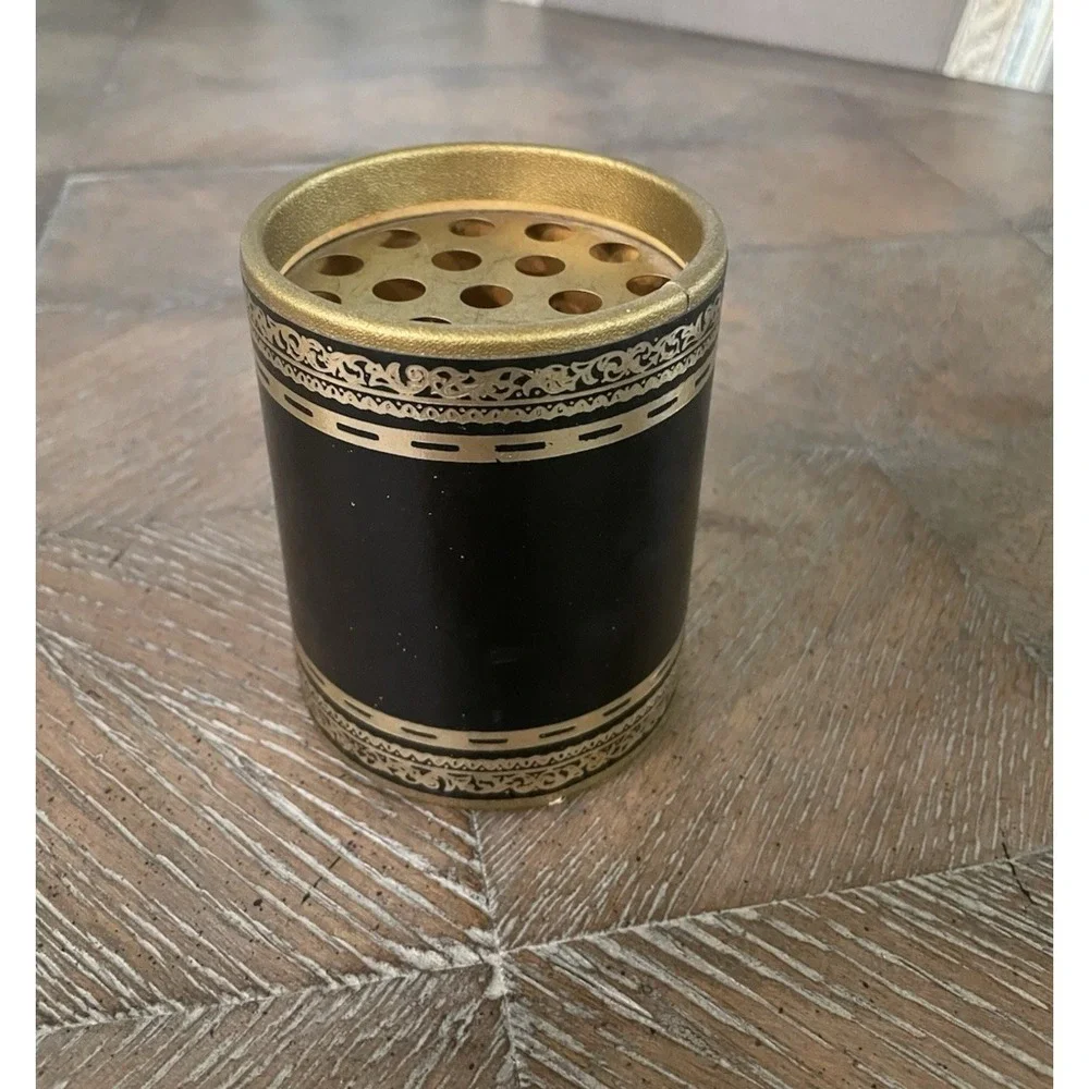 Vtg MCM Black Faux Leather Embossed Gold Gilt Pen Pencil Holder Desk Accessory